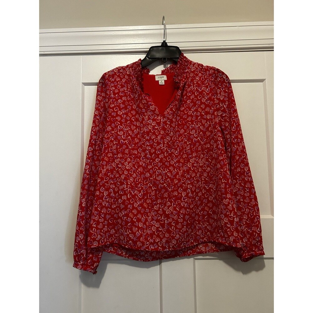 J Crew Top Womens S Red Pink Hearts Ruffle Keyhole Pullover Lined Blouse NWT